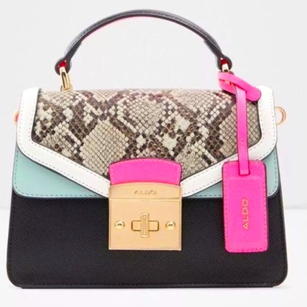 Aldo Etiwen Mini Black, Pink, and Snake-print Handbag.